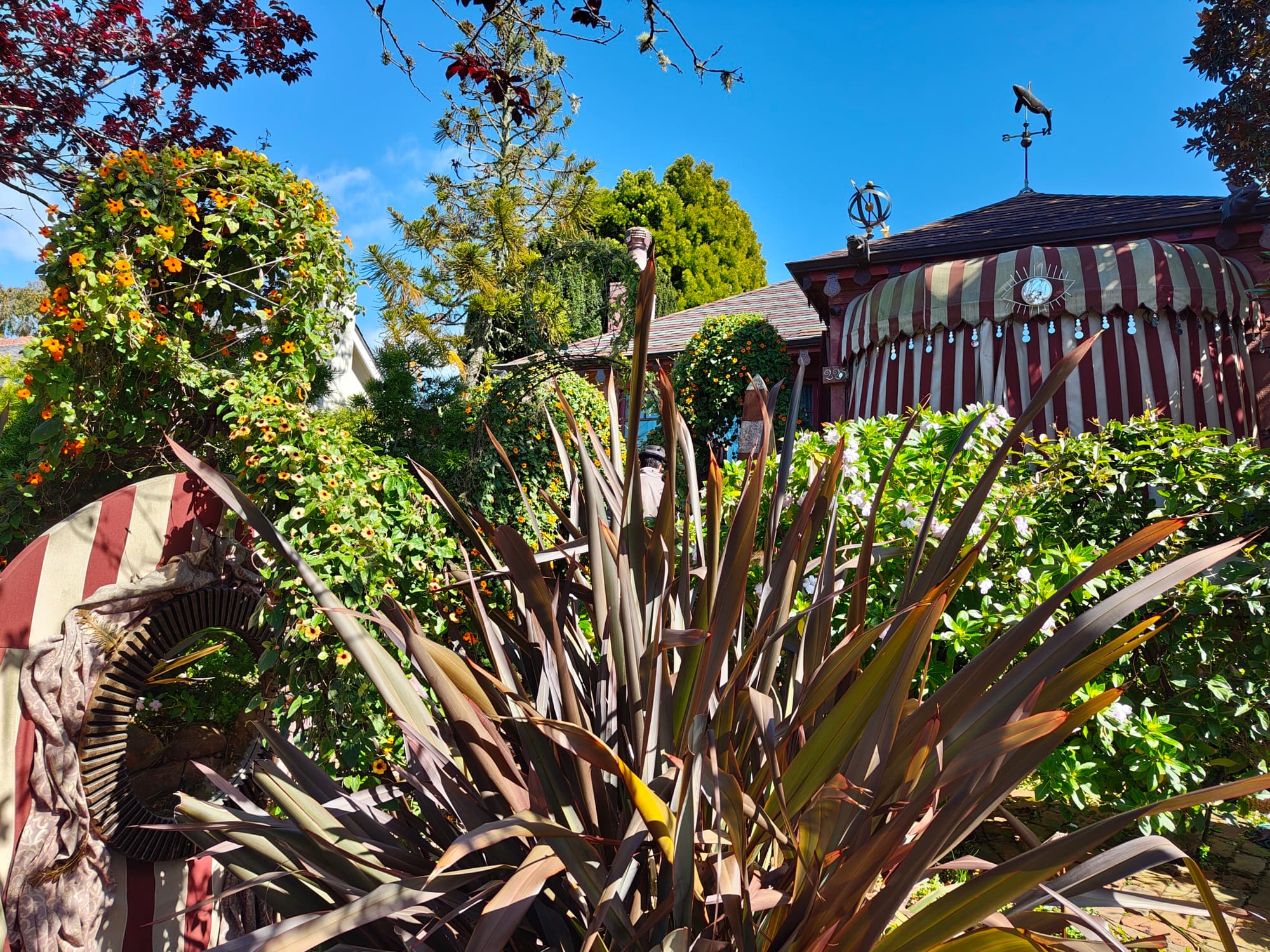 Striped circus-tent roof and weathervane above the garden